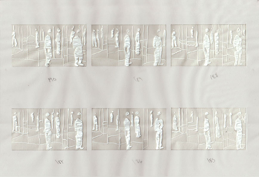 Film stills from artist Emilia Izquierdo's experimental Film Mirrors, 2016. Seen frame by frame drawings.